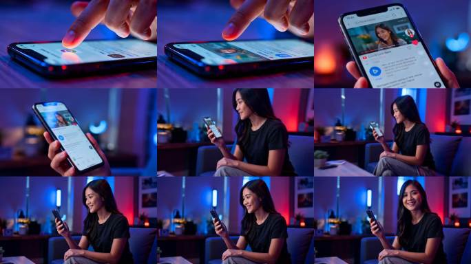 女性使用社交软件指尖滑动手机屏幕