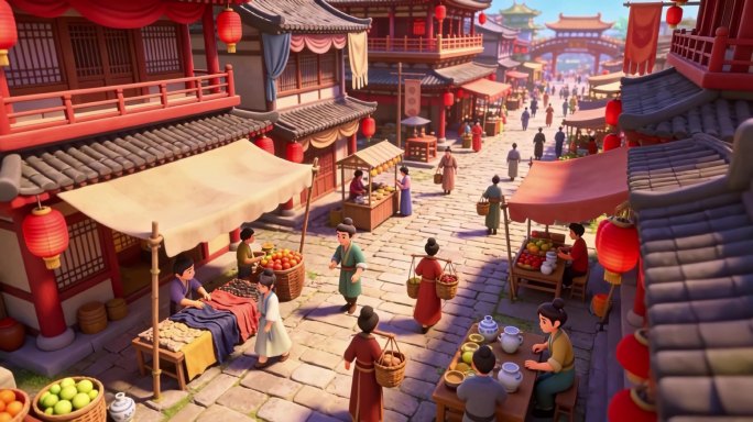 古代繁华市井生活古风热闹集市街景
