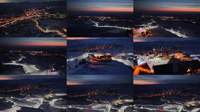 新疆阿勒泰将军山滑雪场及市区航拍夜景